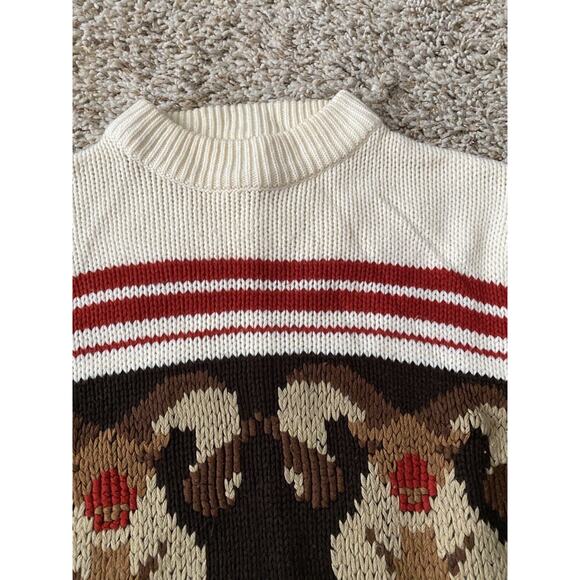 Vtg silton Knit Sweater ram horns Men Large brown cream Red Stripe Reindeer - Picture 3 of 10